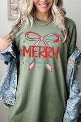 5000-E3197 Merry Christmas Bow Graphic Heavy Cotton Tee $9