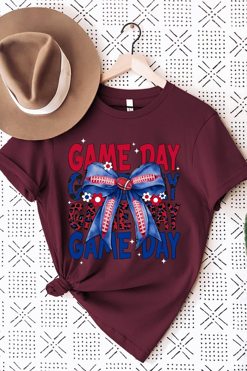 US3001-E3087 Red Blue Football Game Day Bow Graphic Tee $12.5