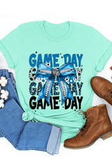 US3001-E3089 Blue Silver Football Game Day Bow Graphic Tee $12.5