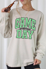 UL240-E3128 Green Gingham Game Day Graphic Long Sleeve Tee $13.75