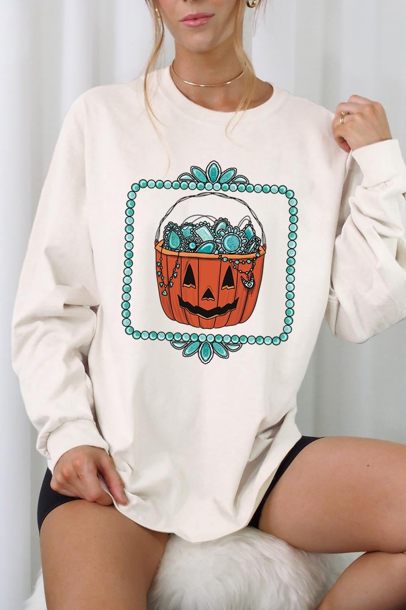 UL240-E3140 Halloween turquoise pumpkin Long Sleeve Tee $13.75