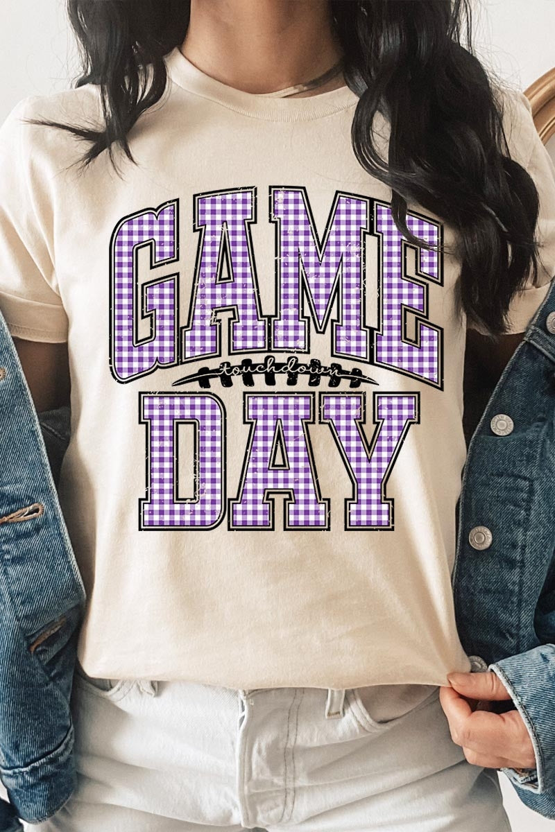 US3001P-E3127 Purple Gingham Game Day Graphic Plus Tee $16