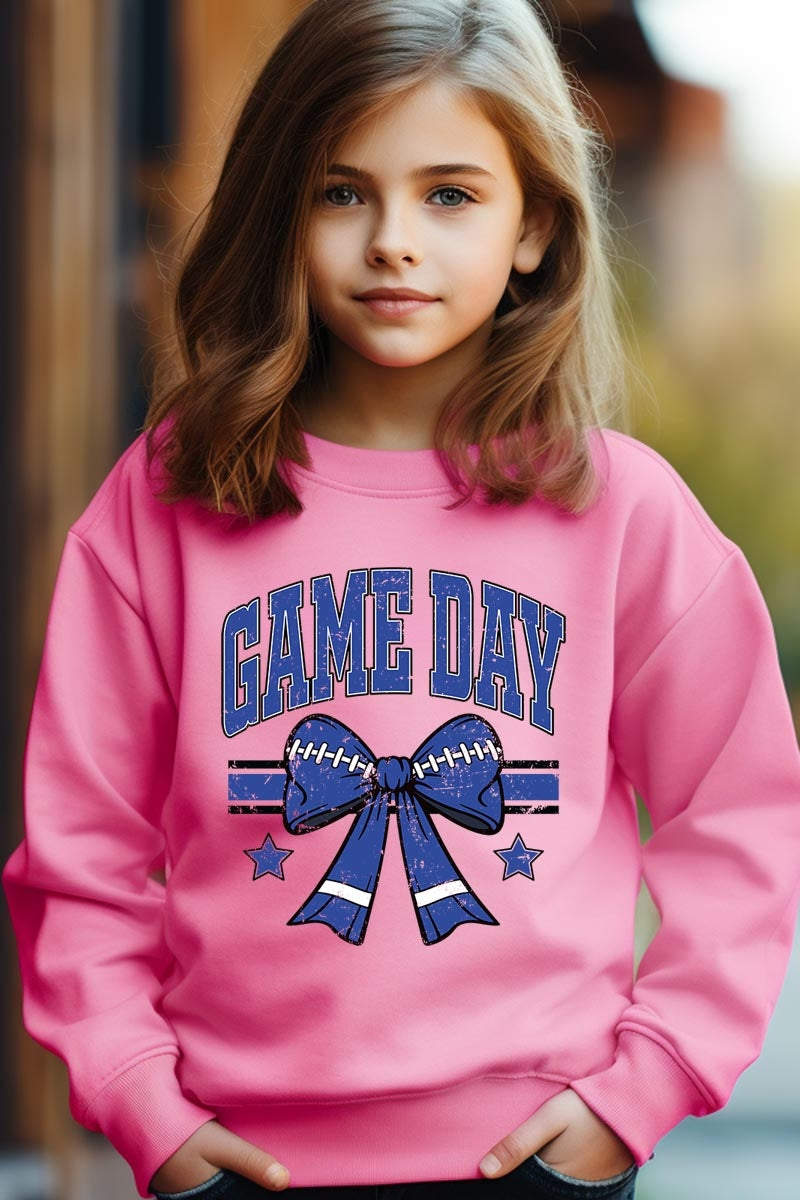 UL180B-E3065Z Blue Game Day Football Bow Kids Graphic Sweatshirt $20