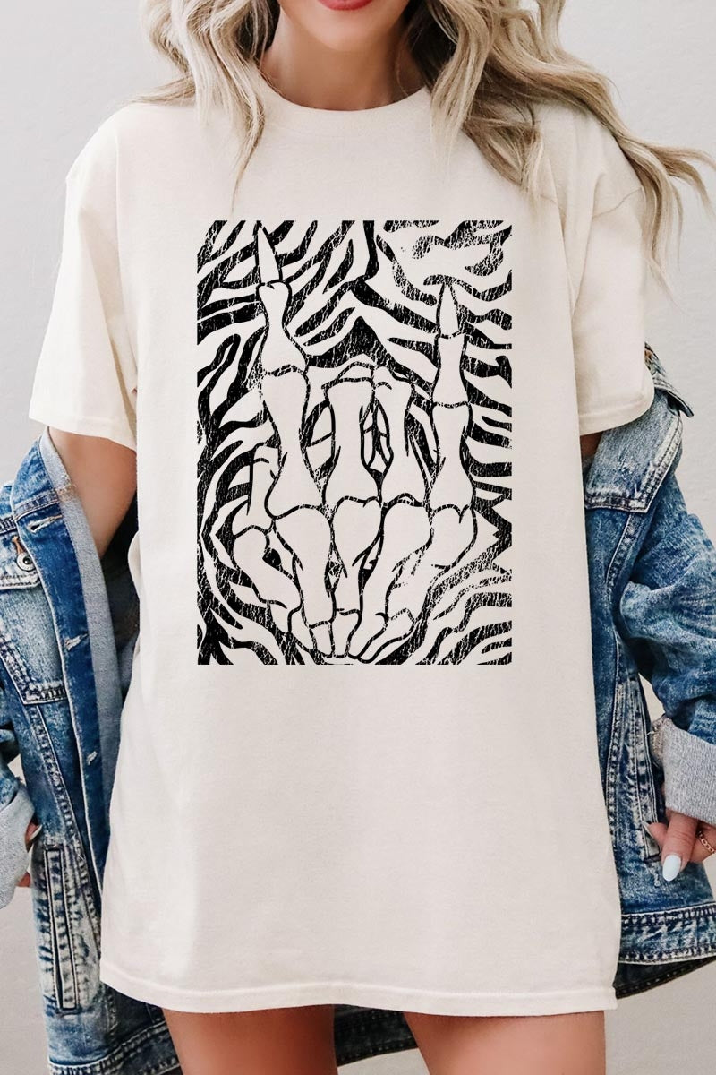 5000-E3177 Skeleton Hands Zebra Graphic Heavy Cotton Tee $9