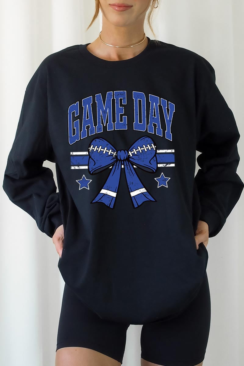 UL240P-E3065 Blue Game Day Football Bow Plus Long Sleeve Tee $17