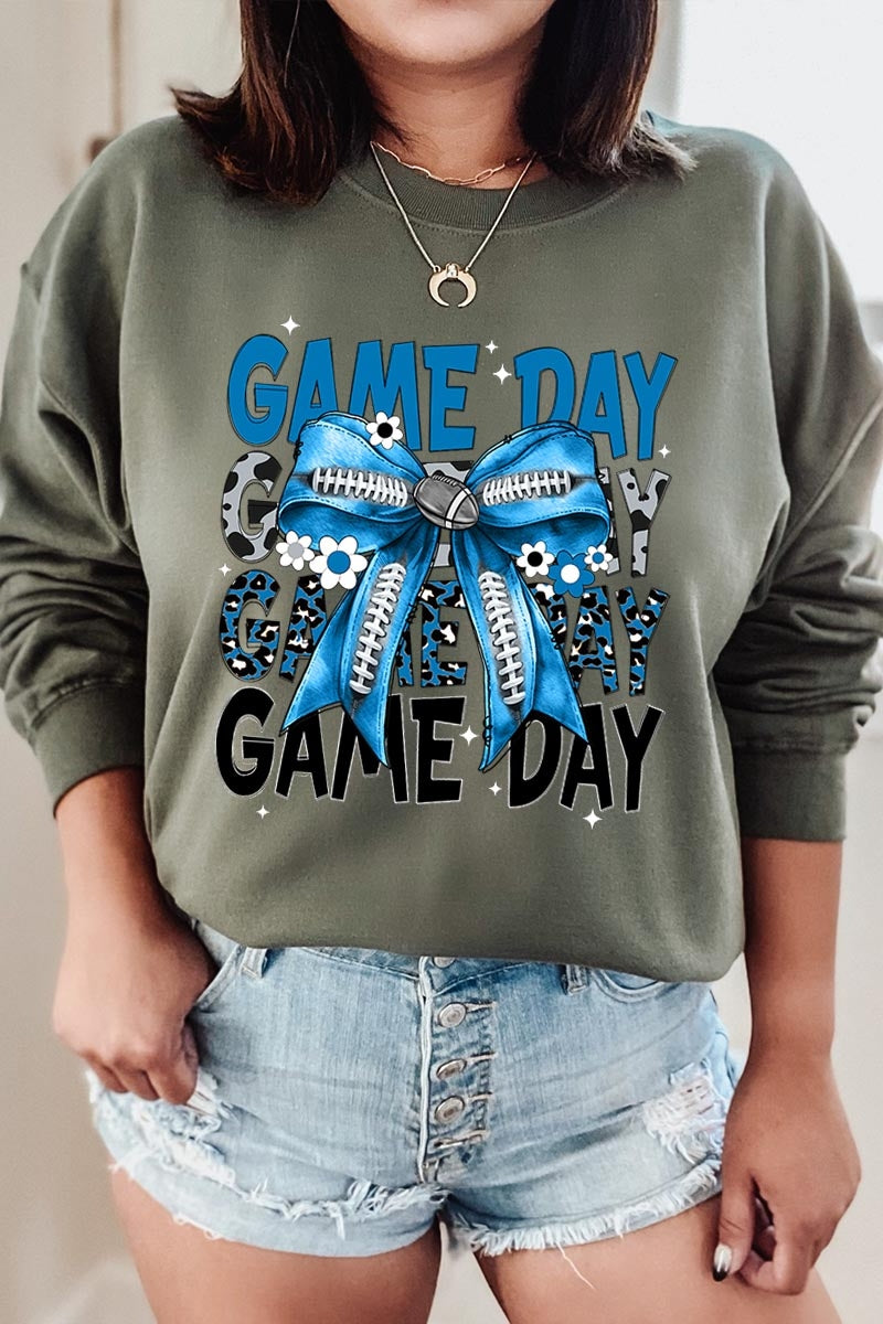 UL180-E3089 Blue Silver Football Game Day Bow Sweatshirt $20
