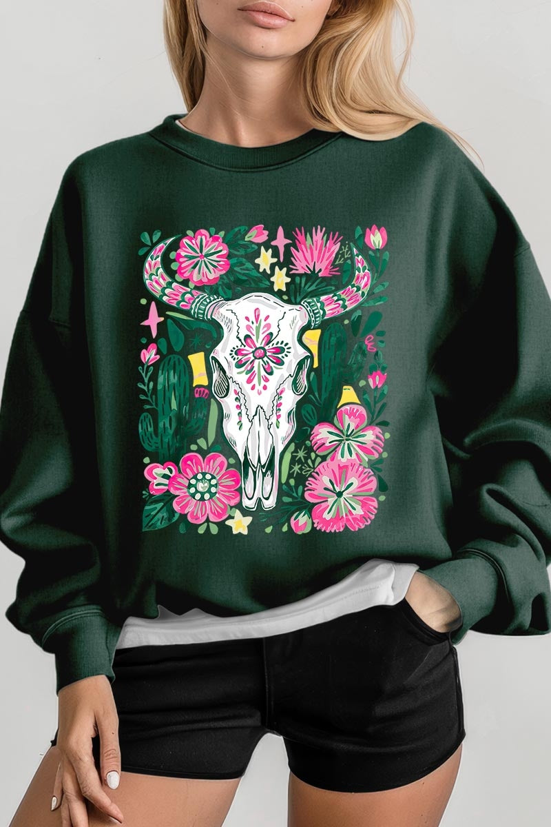 UL180P-E3086 Western Floral Cow Skull Graphic Plus Sweatshirt $25