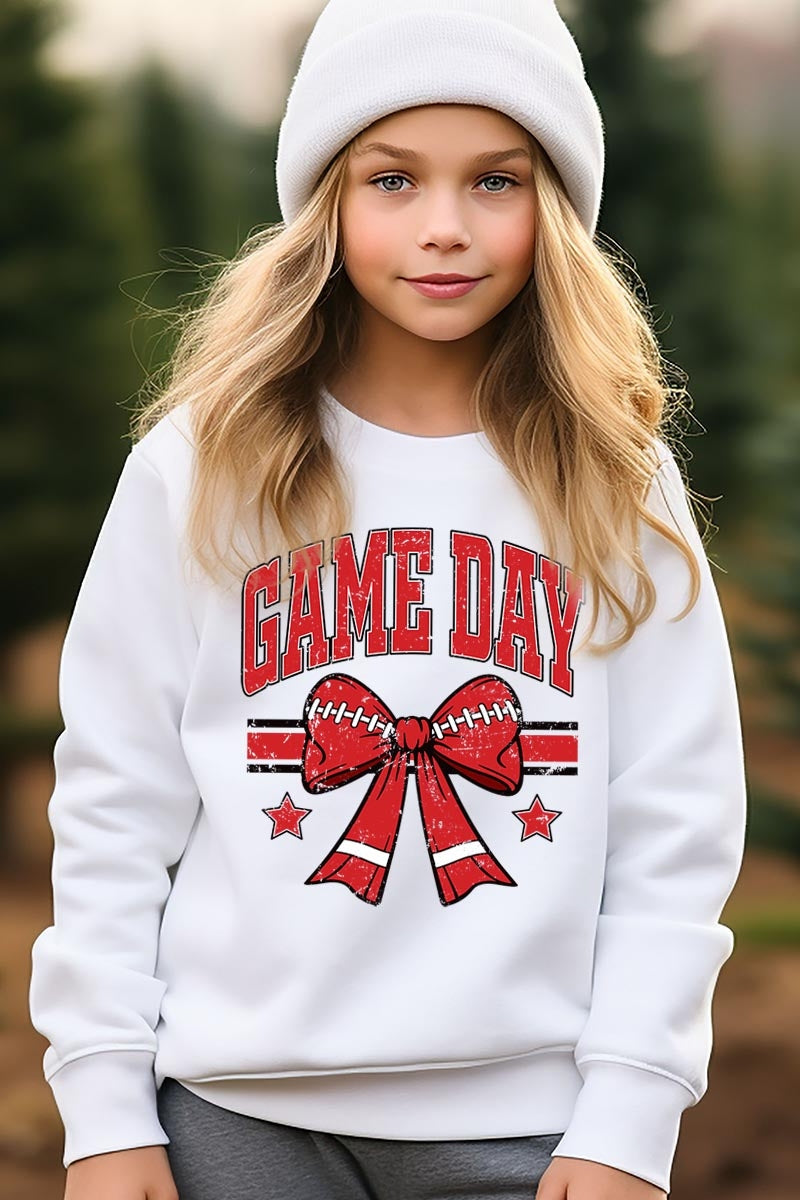 UL180B-E3062Z Red Game Day Football Bow Kids Graphic Sweatshirt $20