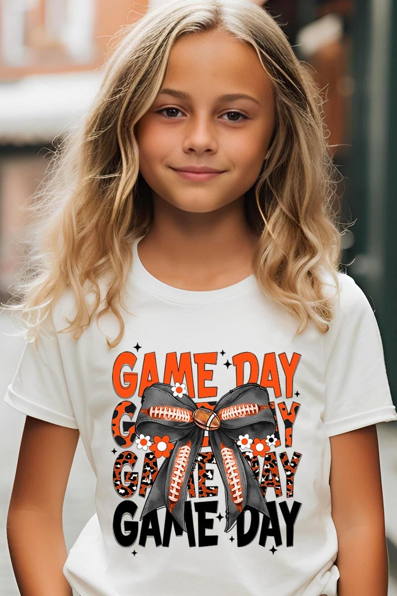 US3001Y-E3088Z Orange Black Football Game Day Bow Kids Tee $11