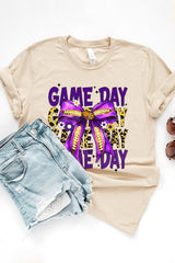 US3001-E3092 Purple Yellow Football Game Day Bow Graphic Tee $12.5