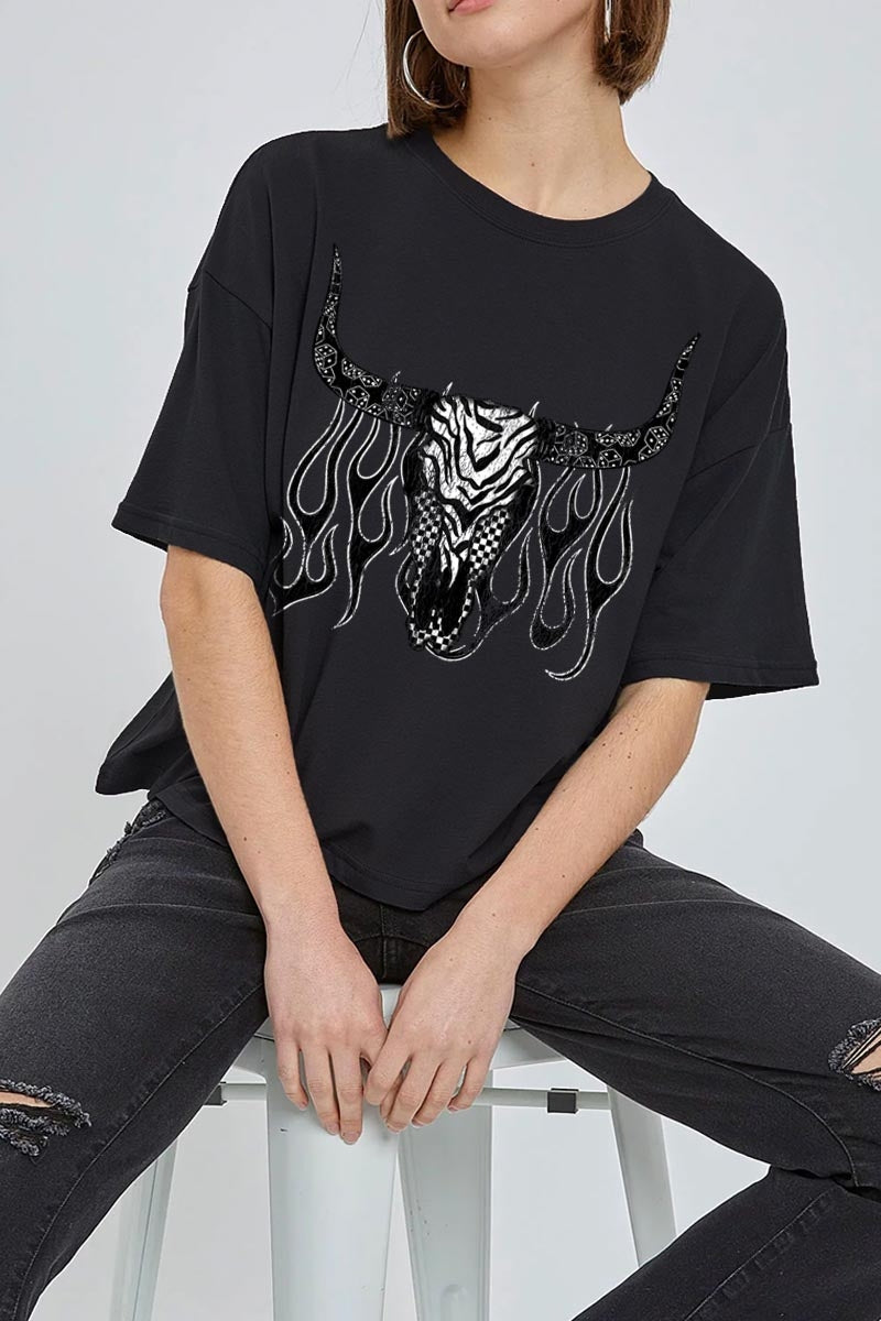 CTS-E3176 Western Bullskull Graphic Relaxed Crop Top $11