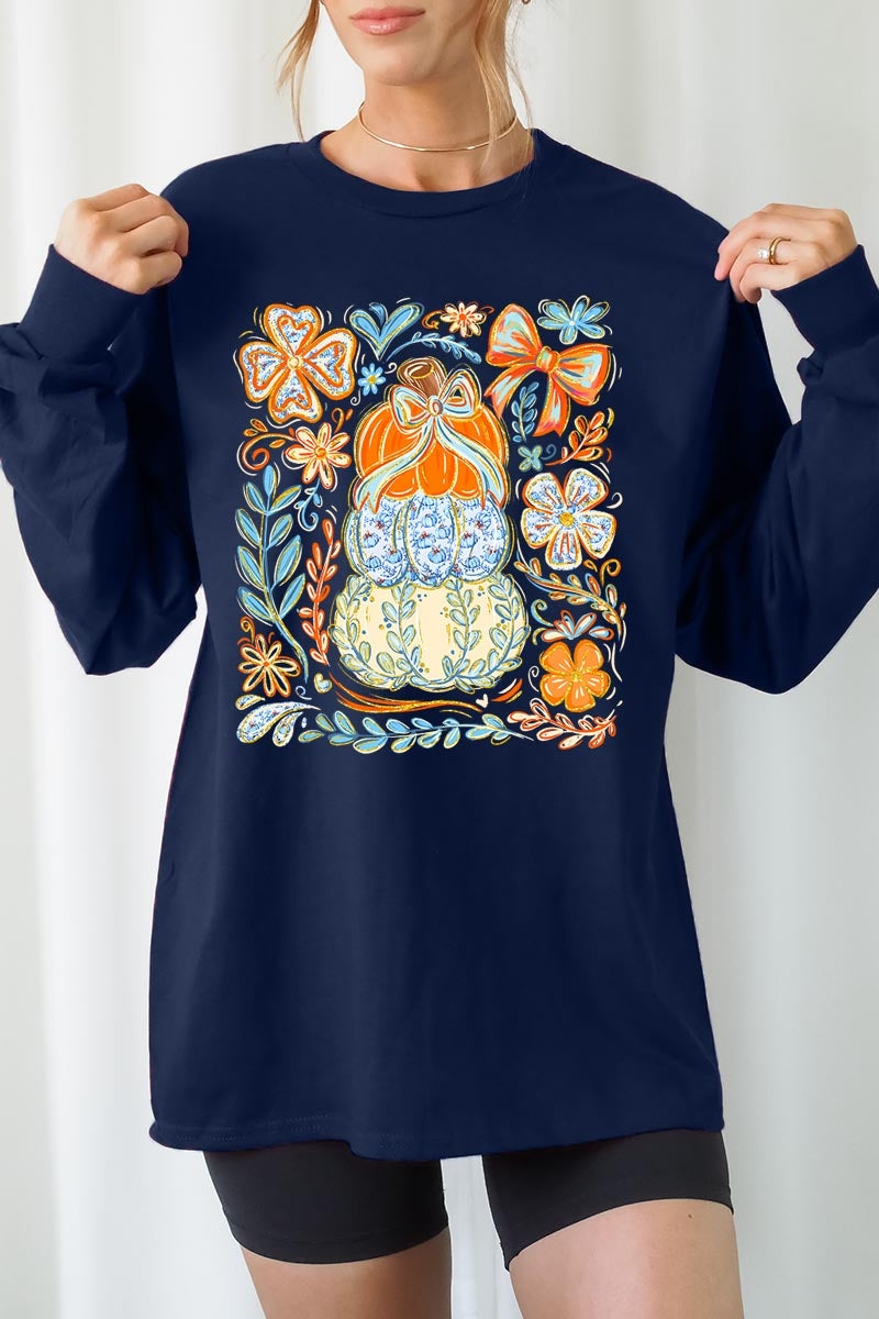 UL240P-E3153 Floral Pumpkin Stack Graphic Plus Long Sleeve Tee $17