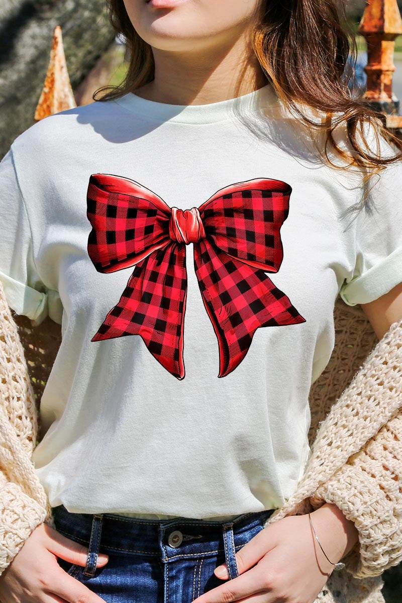 US3001-E3198 Red Buffalo Plaid Bow Graphic Tee $12.5