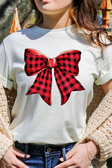 US3001-E3198 Red Buffalo Plaid Bow Graphic Tee $12.5