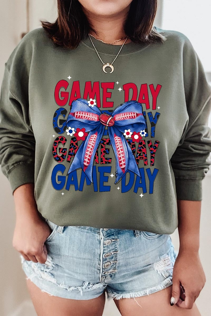 UL180-E3087 Red Blue Football Game Day Bow Graphic Sweatshirt $20