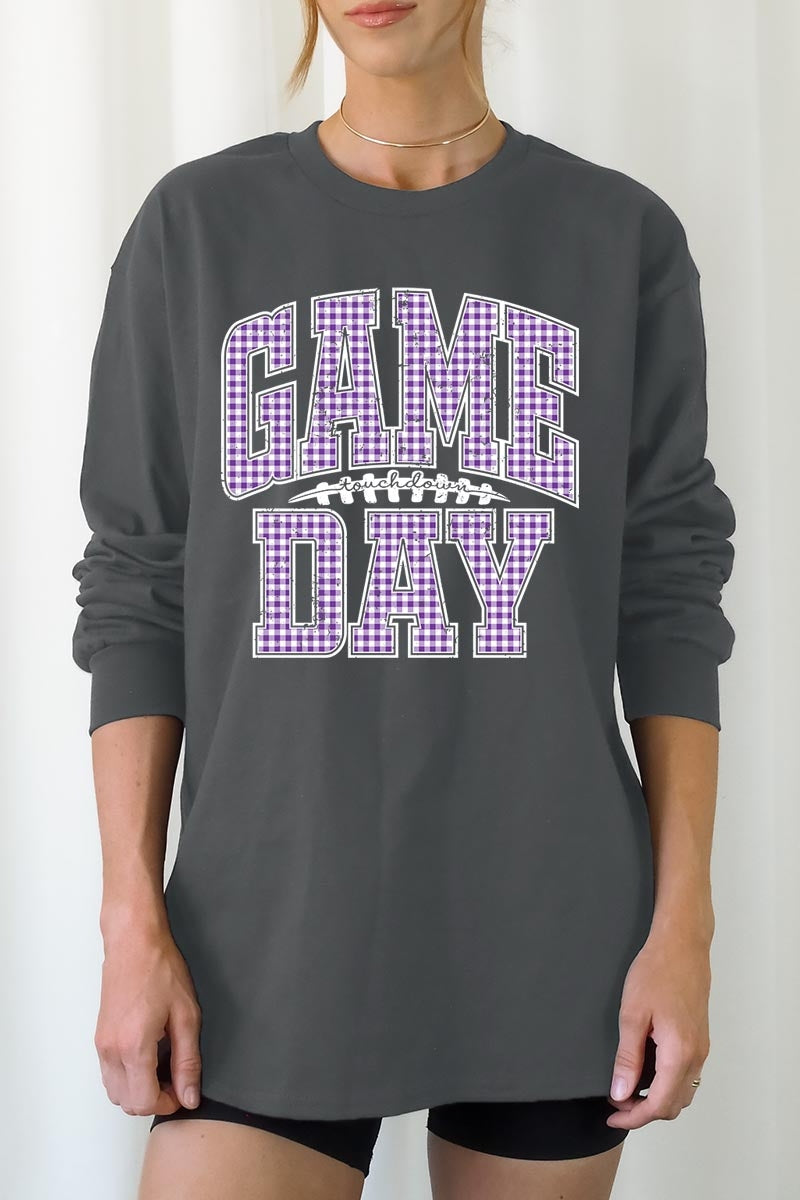 UL240-E3127 Purple Gingham Game Day Graphic Long Sleeve Tee $13.75