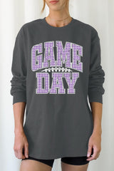 UL240-E3127 Purple Gingham Game Day Graphic Long Sleeve Tee $13.75