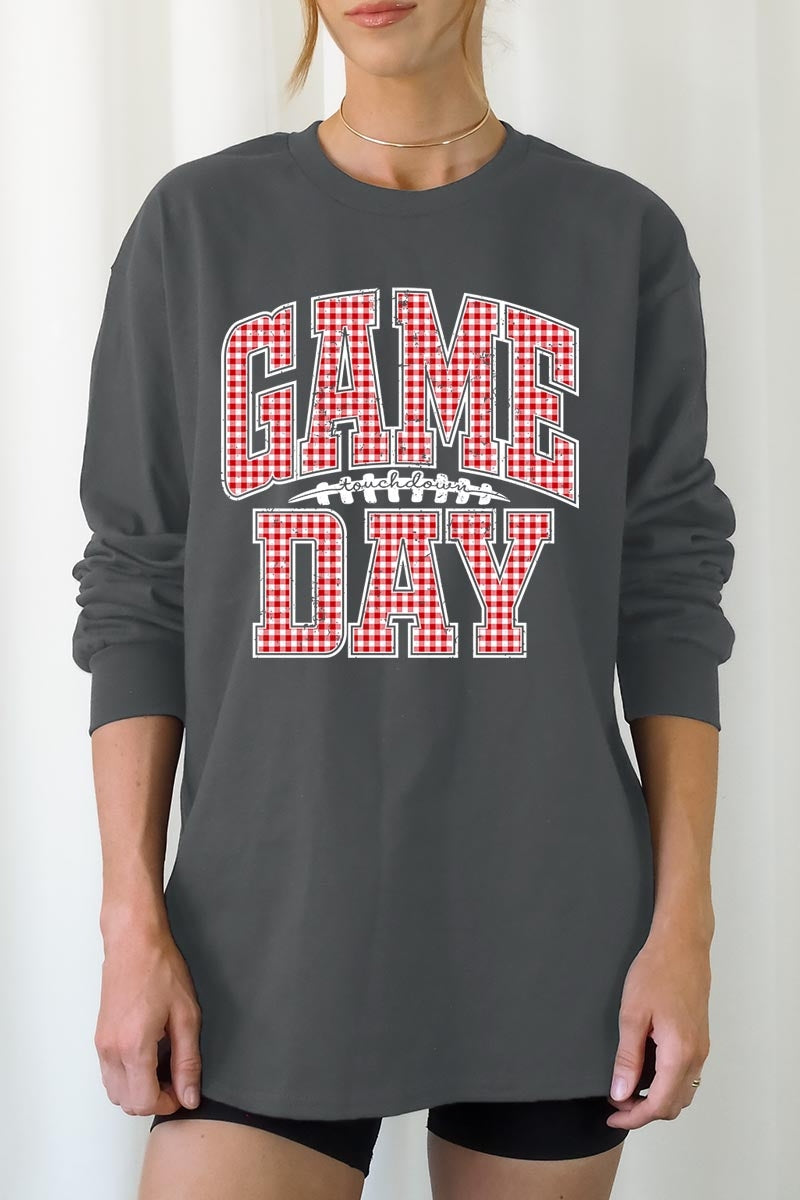 UL240-E3126 Red Gingham Game Day Graphic Long Sleeve Tee $13.75