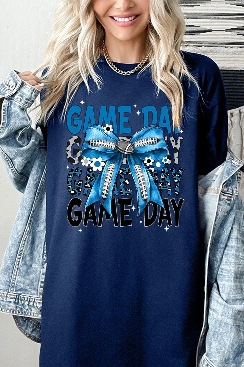 5000P-E3089 Blue Silver Football Bow Plus Heavy Cotton Tee $12.75
