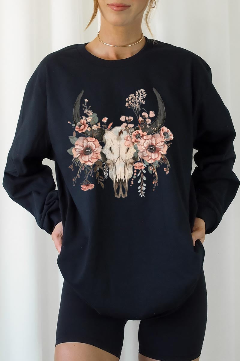 UL240P-E3113 Western Skull Floral Graphic Plus Long Sleeve Tee $17