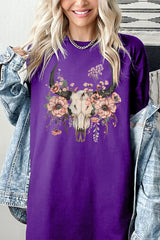 5000-E3113 Western Skull Floral Graphic Heavy Cotton Tee $9