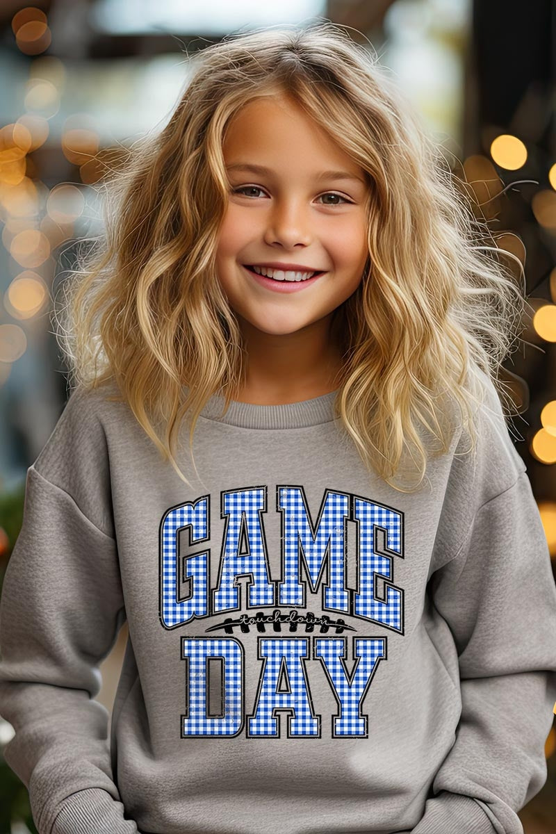UL180B-E3130Z Blue Gingham Game Day Kids Graphic Sweatshirt $20