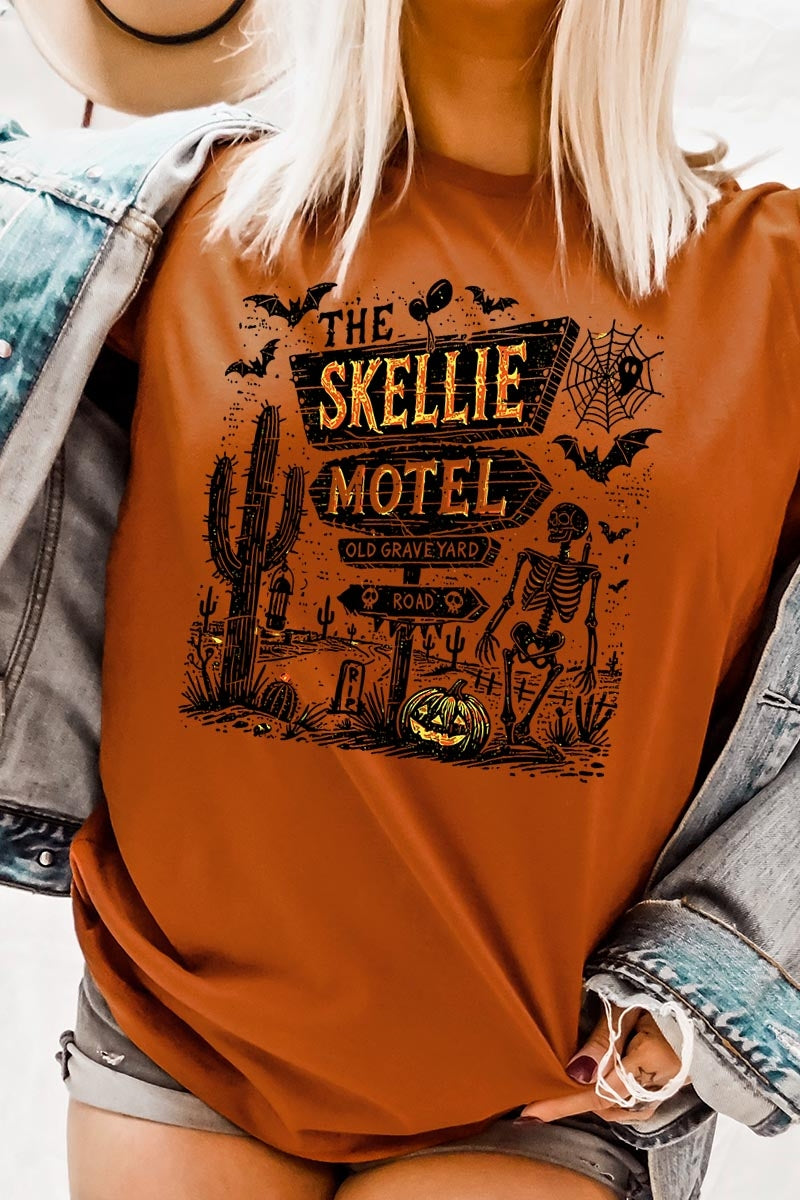 US3001P-E3108 Skellie Motel Halloween Graphic Plus Tee $16