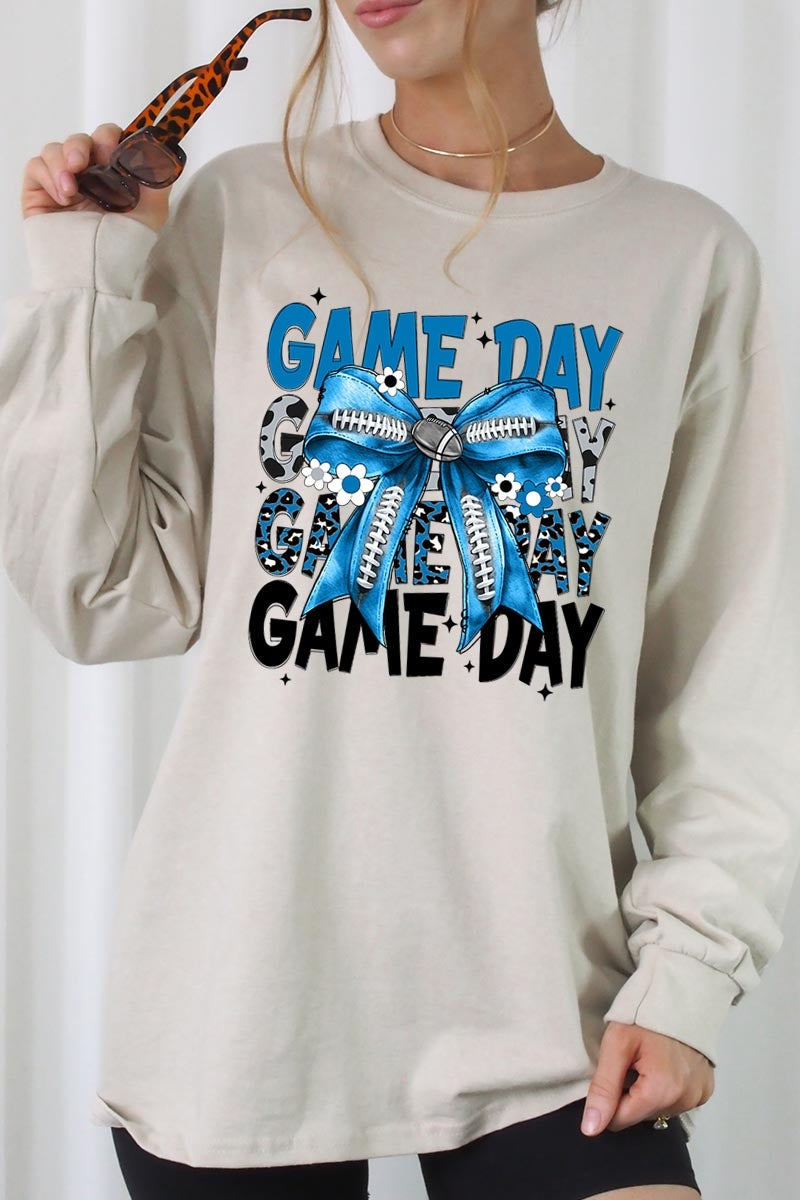 UL240-E3089 Blue Silver Football Game Day Bow Long Sleeve Tee $13.75