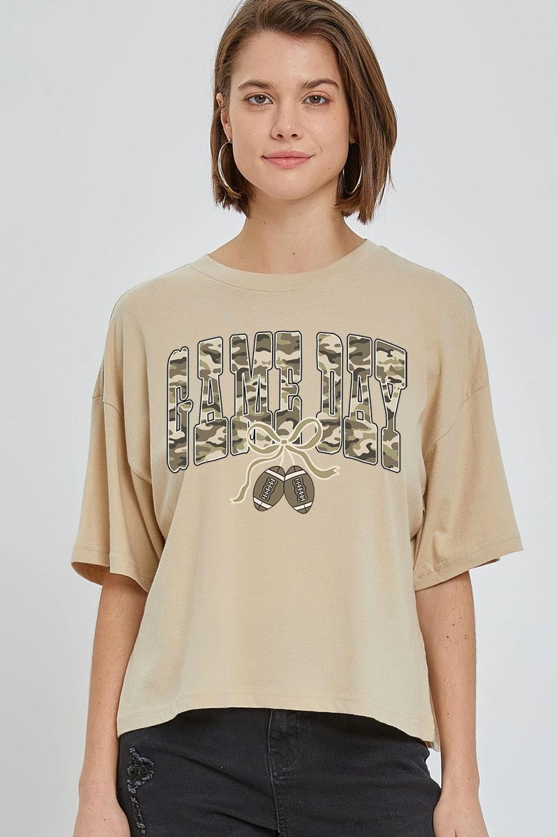 CTS-E3131 Football Game Day Camo Graphic Relaxed Crop Top $11