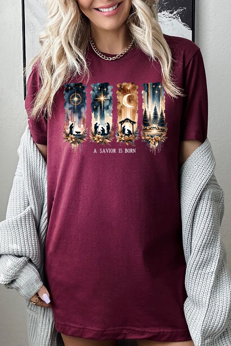 US3001P-E3204 Savior Is Born Nativity Graphic Plus Tee $16