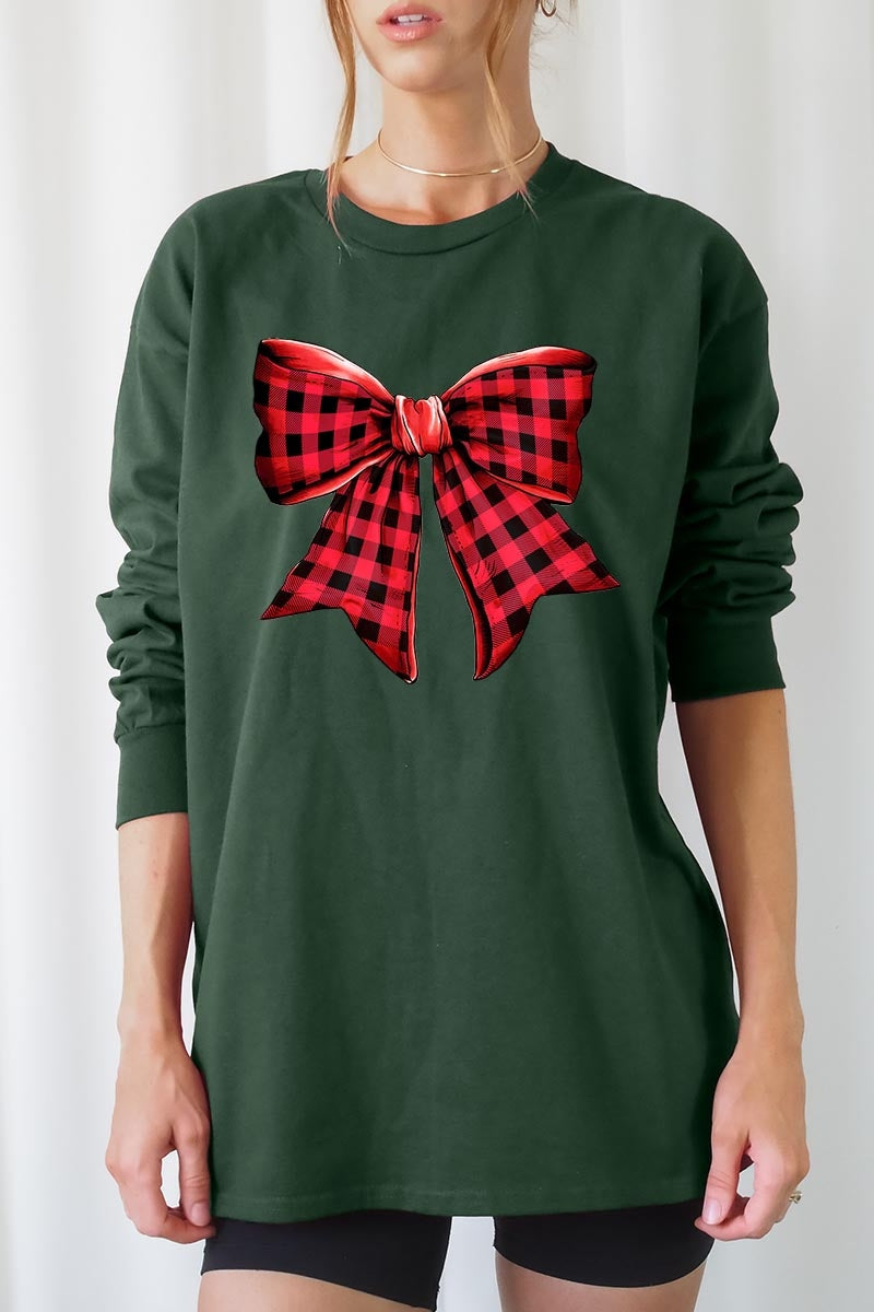 UL240P-E3198 Red Buffalo Plaid Bow Graphic Plus Long Sleeve Tee $17