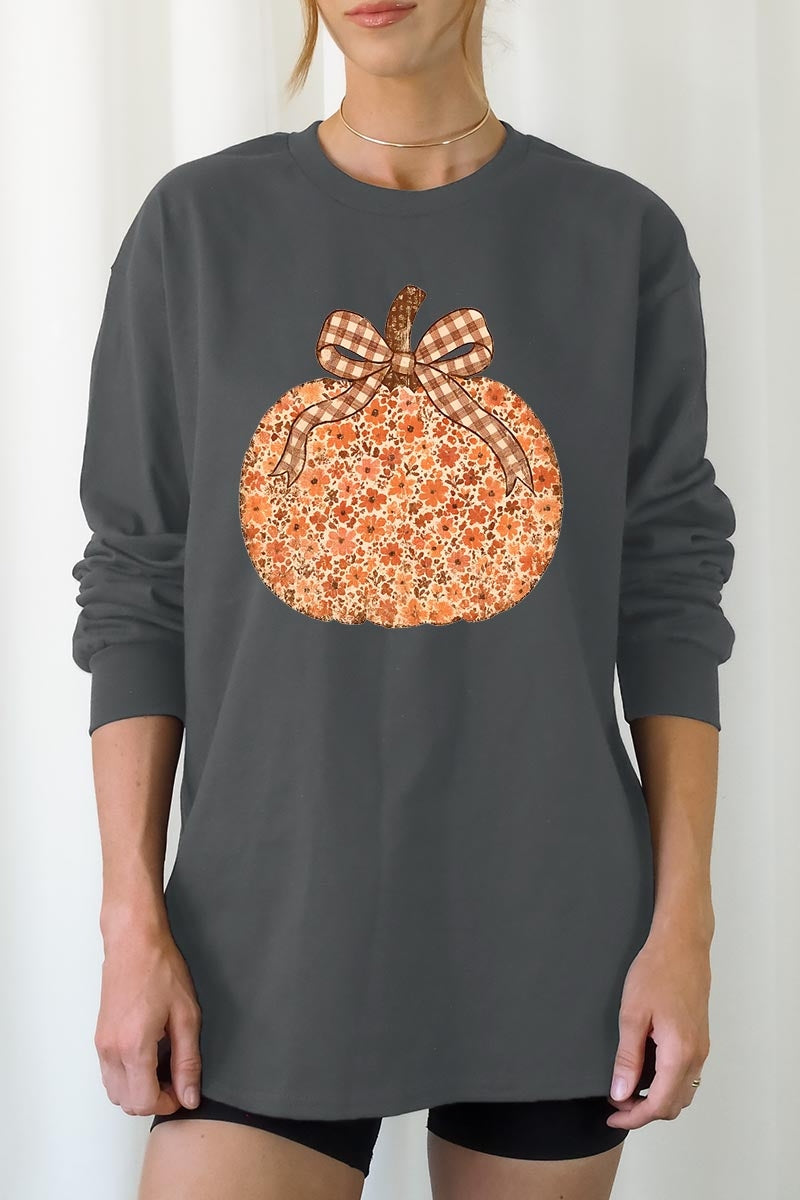 UL240-E3135 Floral Fall Pumpkin Graphic Long Sleeve Tee $13.75