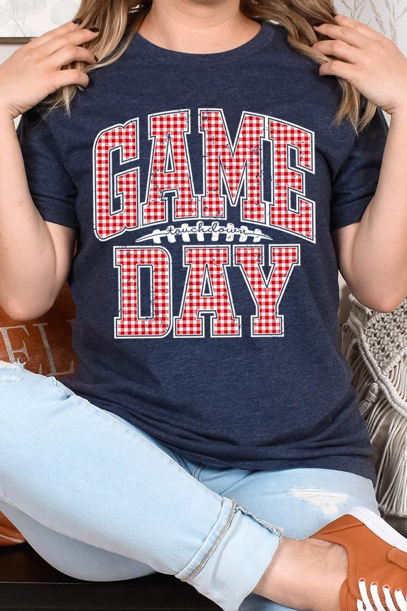 US3001-E3126 Red Gingham Game Day Graphic Tee $12.5