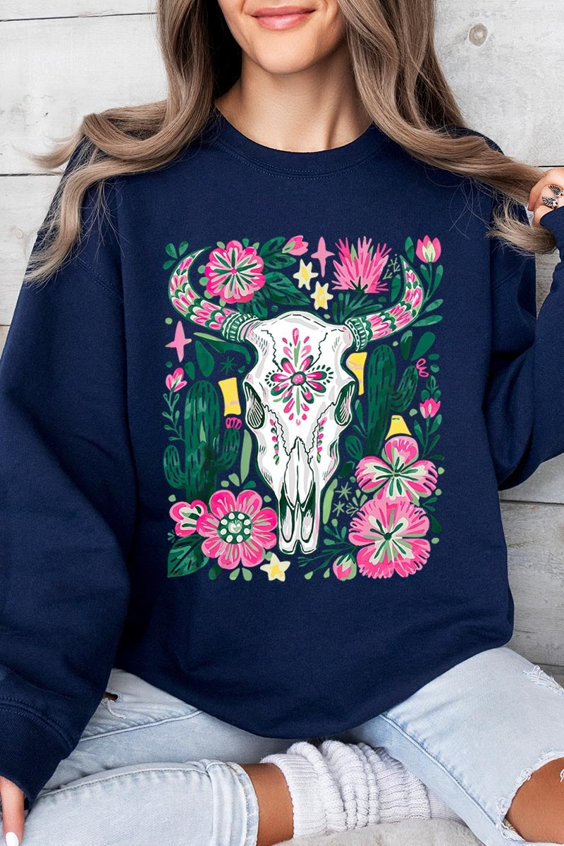 UL180-E3086 Western Floral Cow Skull Graphic Sweatshirt $20
