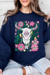 UL180P-E3086 Western Floral Cow Skull Graphic Plus Sweatshirt $25