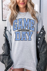 US3001-E3130 Blue Gingham Game Day Graphic Tee $12.5