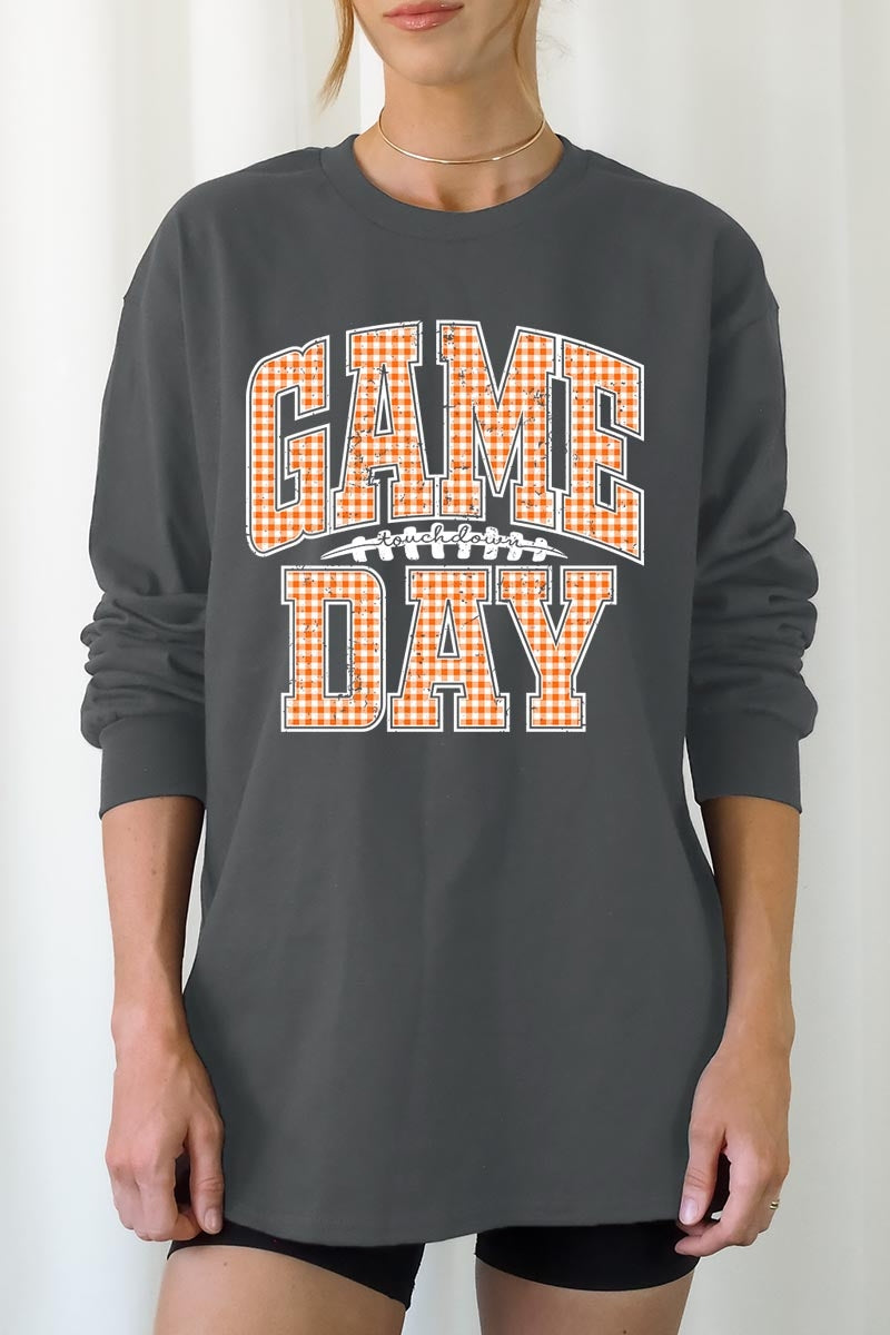 UL240P-E3129 Orange Gingham Game Day Plus Long Sleeve Tee $17