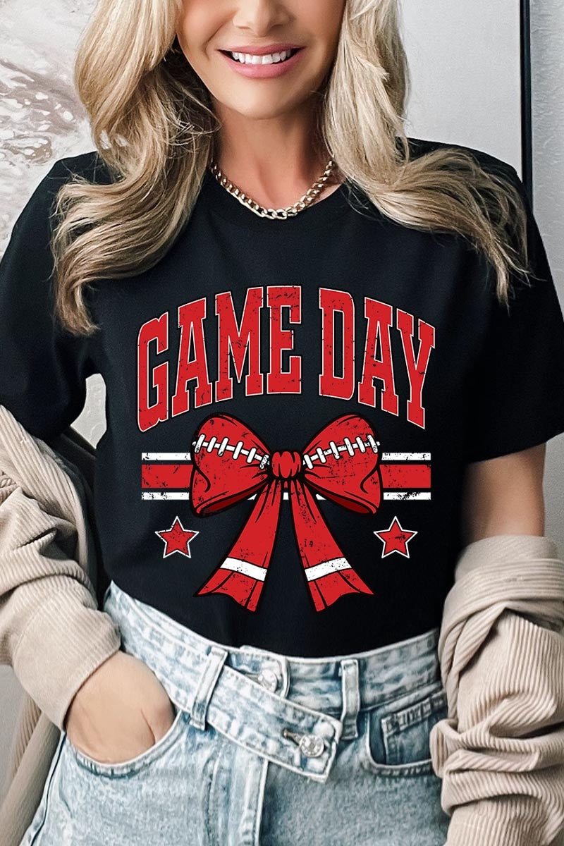 US3001-E3062 Red Game Day Football Bow Graphic Tee $12.5