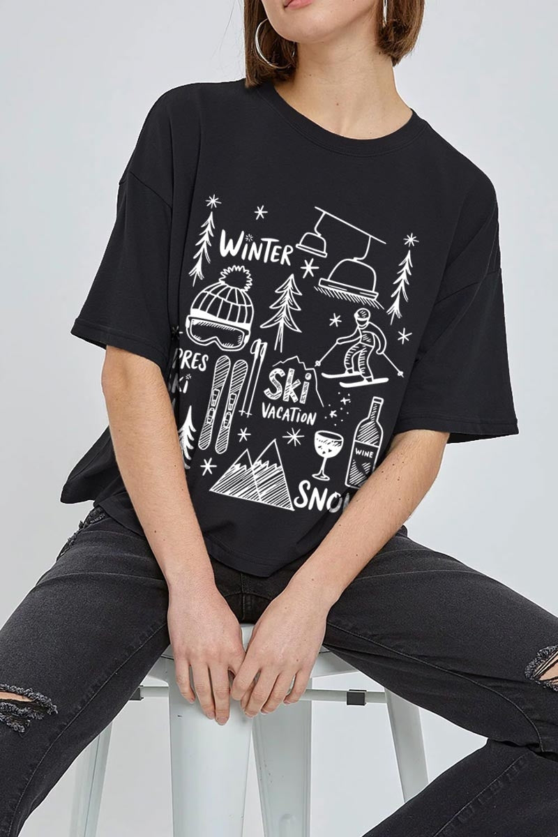 CTS-E3188 Ski Doodle Graphic Relaxed Crop Top $11