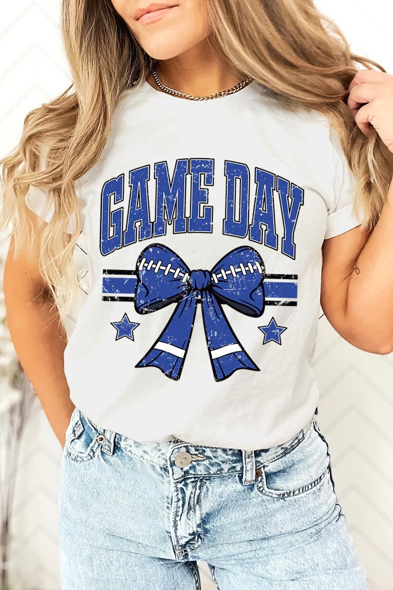 US3001-E3065 Blue Game Day Football Bow Graphic Tee $12.5