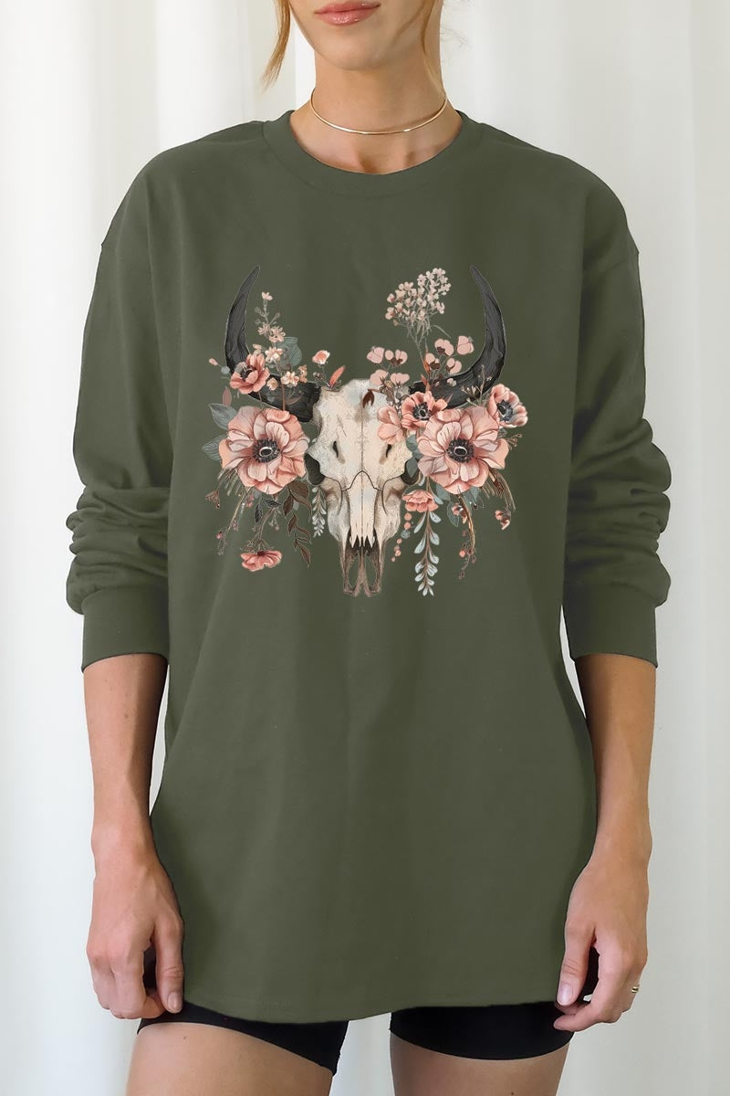 UL240-E3113 Western Skull Floral Graphic Long Sleeve Tee $13.75