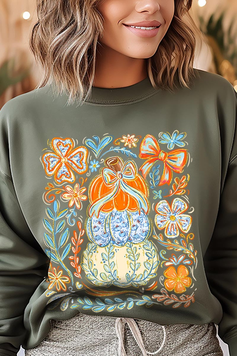 UL180-E3153 Floral Pumpkin Stack Graphic Sweatshirt $20