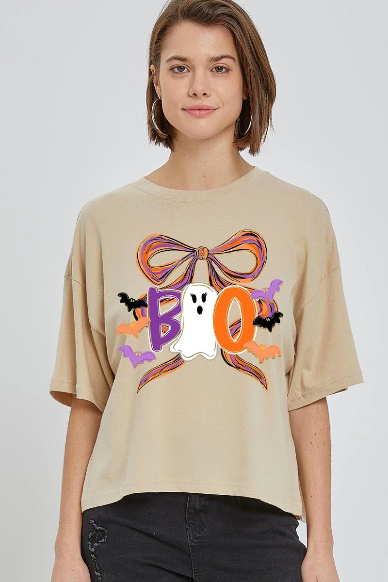 CTS-E3120 Boo Brushstroke Bow Graphic Relaxed Crop Top $11