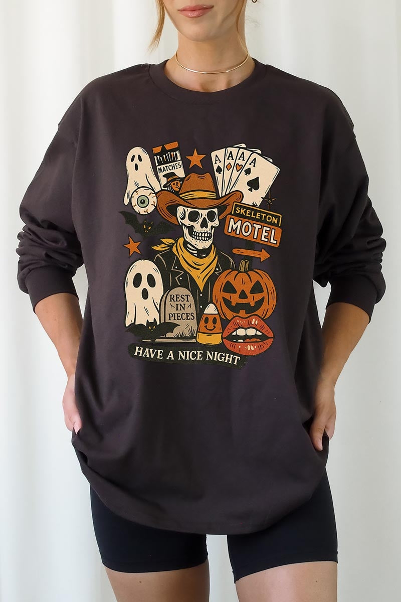 UL240-E3107 Spooky Western Skeleton Graphic Long Sleeve Tee $13.75