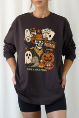 UL240-E3107 Spooky Western Skeleton Graphic Long Sleeve Tee $13.75