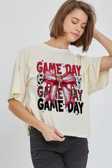 CTS-E3093 Red Silver Football Game Day Bow Relaxed Crop Top $11