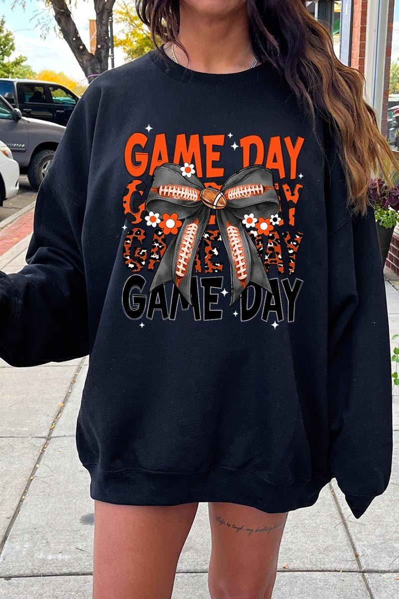 UL180P-E3088 Orange Black Football Game Day Bow Plus Sweatshirt $25