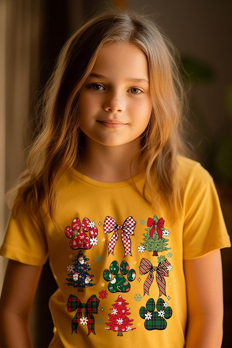US3001Y-E3195Z Christmas Bow Paw Kids Graphic Tee $11