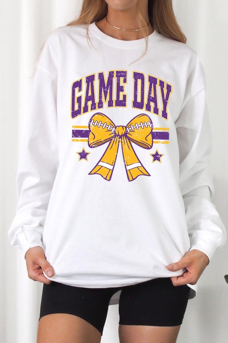 UL240-E3063 Purple Game Day Football Bow Long Sleeve Tee $13.75