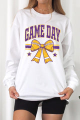 UL240-E3063 Purple Game Day Football Bow Long Sleeve Tee $13.75